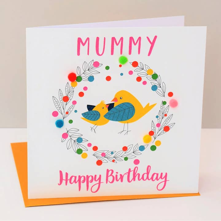 Claire Giles Ltd – wholesale Birthday card – Birthday Card, Mummy Bird, Mummy, Happy Birthday, Embellished with pompoms1