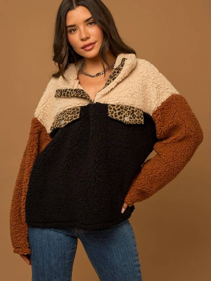 Colorblock Leopard Print Trim Sherpa Fleece Pullover Sweater for wholesale by Tasha Apparel Wholesale