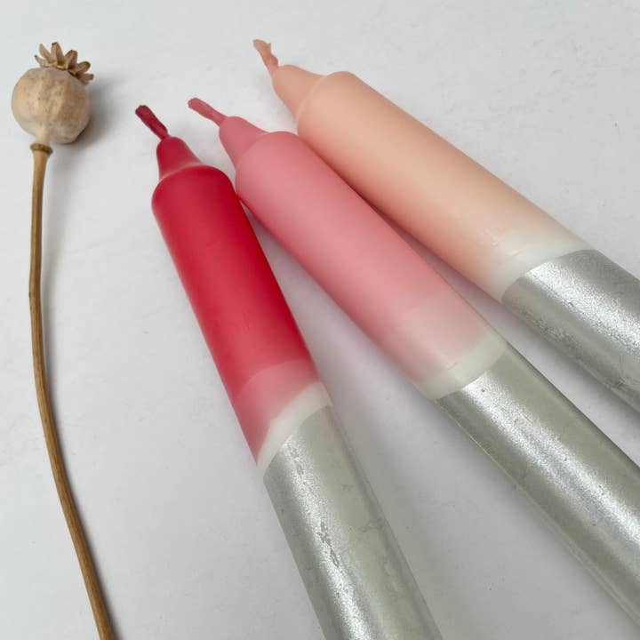 Berry Tones & Silver Dip Dyed Dinner Candles for wholesale by The Singing Rabbit