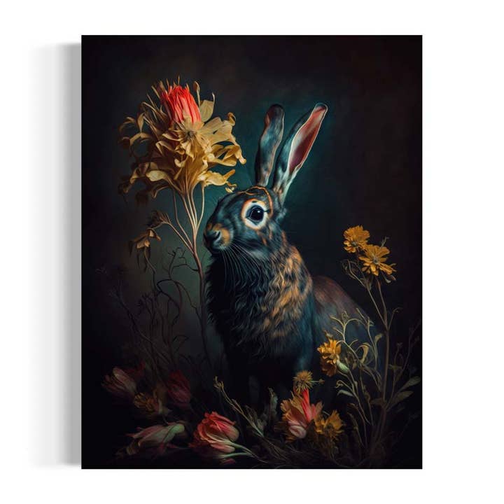 Salty Alyce - Wholesale Art Print - Moody Vintage Rabbit in Floral Antique Painting AS136