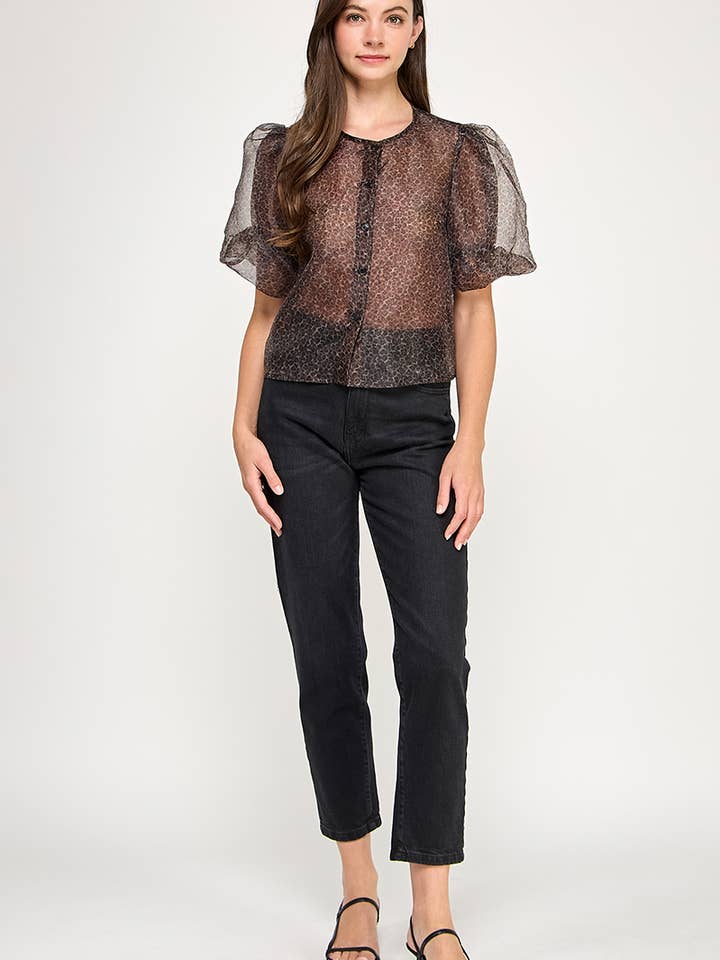 KT-1749-6 PRINTED SHEER PUFF SLEEVE BLOUSE-LEOPARD for wholesale by Ellison