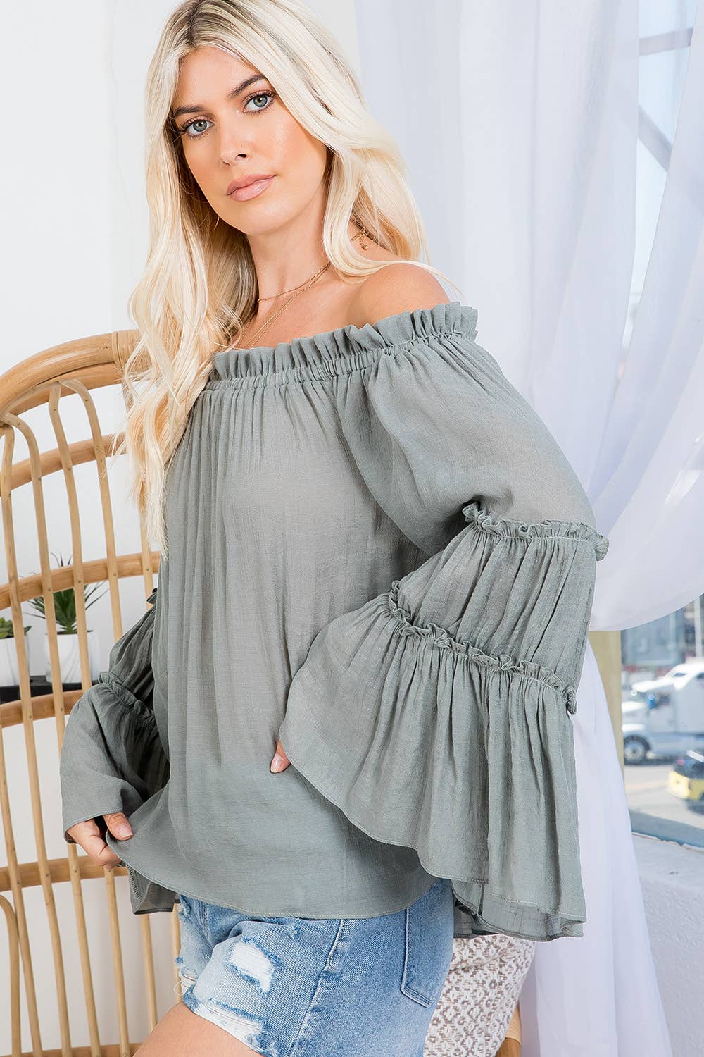Sweet Lovely by Jen - Wholesale Blouse – Women’s - OFF SHOULDER TIERED BELL SLEEVE TOP25
