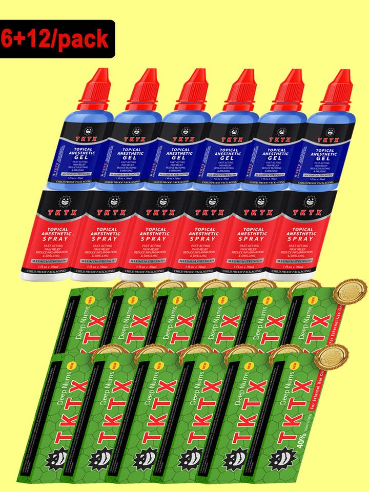 6 Pieces TKTX Gel 1.0 fl.oz/pcs & 6 Pieces TKTX Spray 1.0 fl.oz/pcs & 12 Pieces Green 40% TKTX 0.35oz/pcs for wholesale by TKTX
