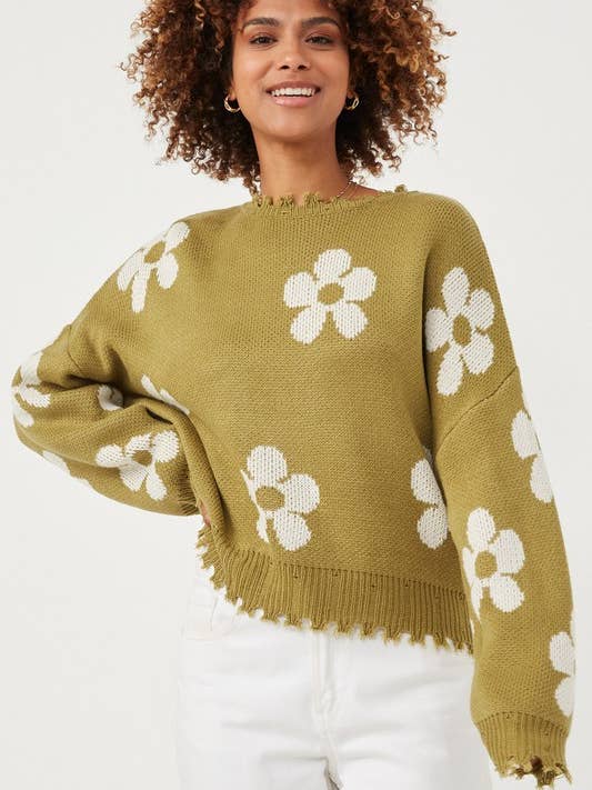 Pull-over effet usé à motifs floraux pour la vente par MintChoco