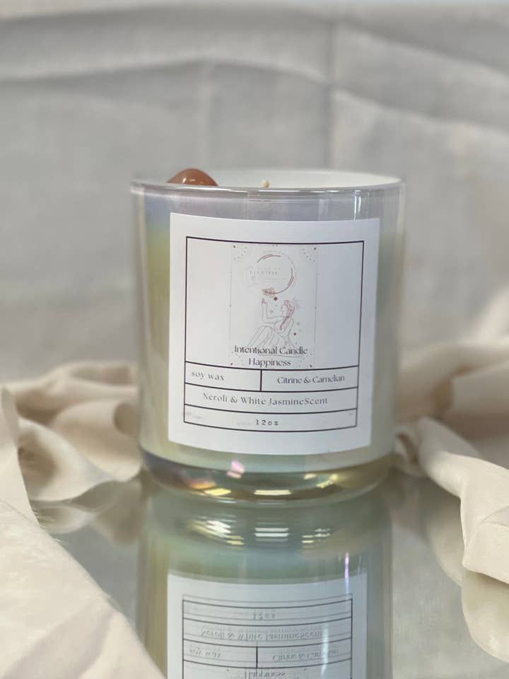 Be Happy Manifestation Candle for wholesale by Bienestar Celestial LLC