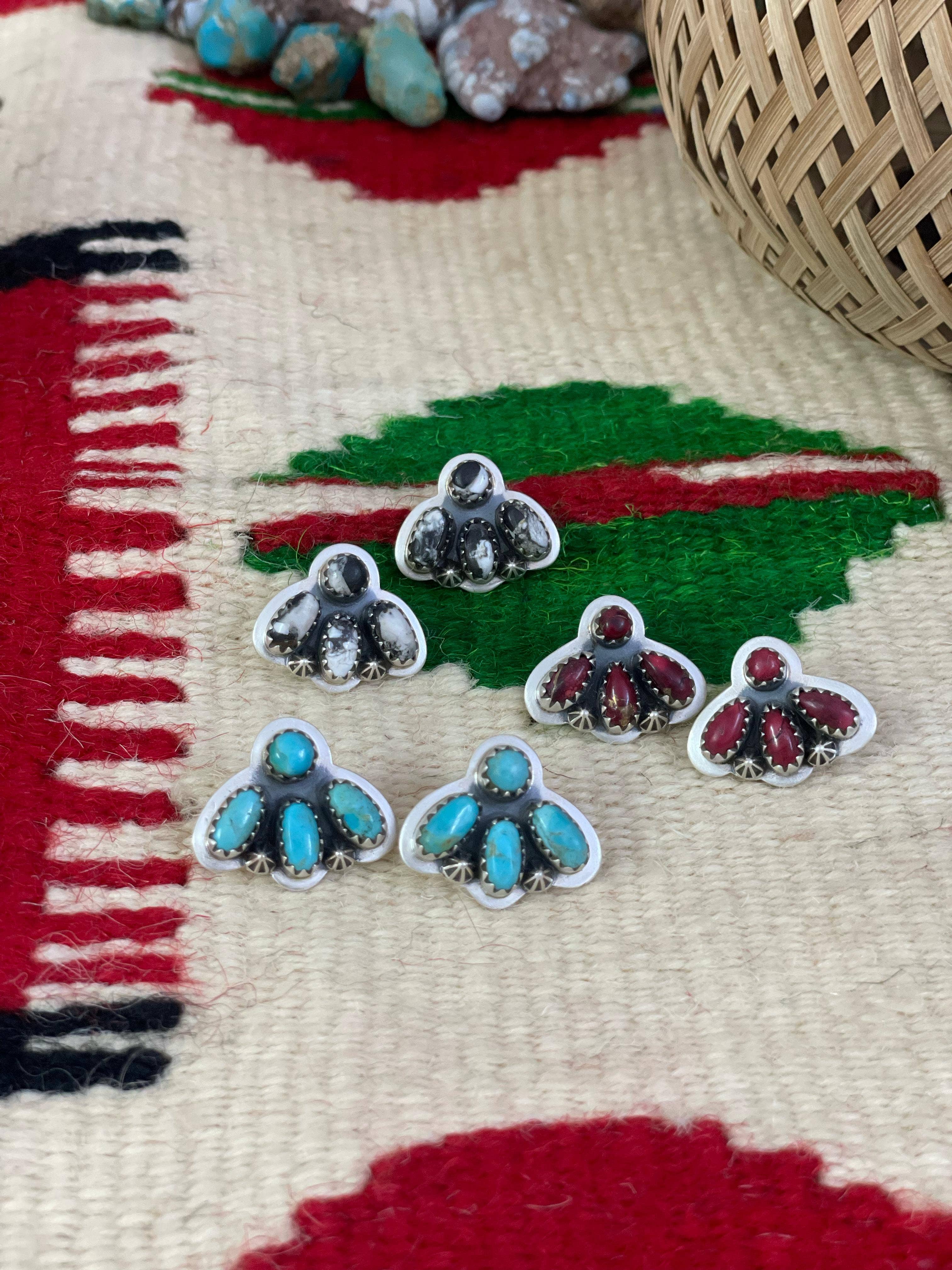 Nizhonitradersllc - Wholesale Stud/Post Earrings - Handmade Sterling Silver Red Rose Dahlia, White Buffalo, Kingman Turquoise Post Earrings, Signed Nizhoni1