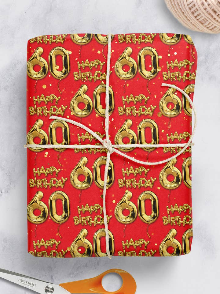 Papel de regalo de 60 cumpleaños rojo **Pack de 2 hojas plegadas** para venta al por mayor de Brainbox Candy