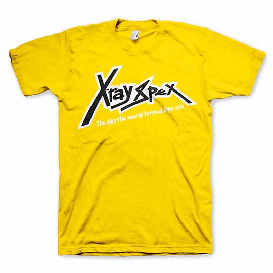 T-shirt graphique jaune avec logo X-Ray Spex pour la vente par Manic Merch