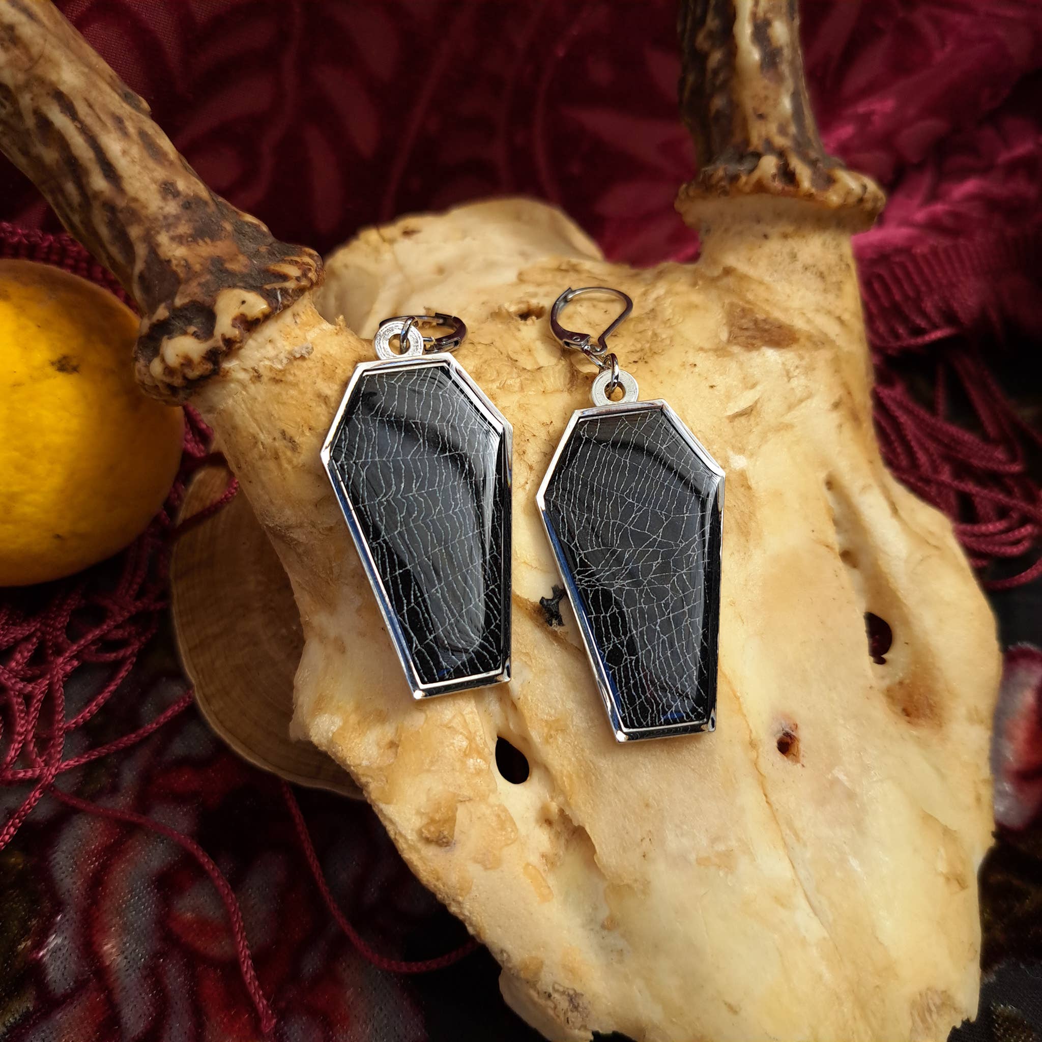 Hell Kitten RVA - Wholesale Dangle Earrings - Real Spiderweb Coffins Silver  (Earrings)2