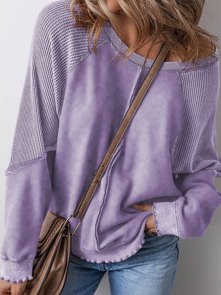 Suhkasana - Wholesale Sweatshirt - Women's - Solid Waffle Knit Patchwork Raglan Sleeve Sweatshirt