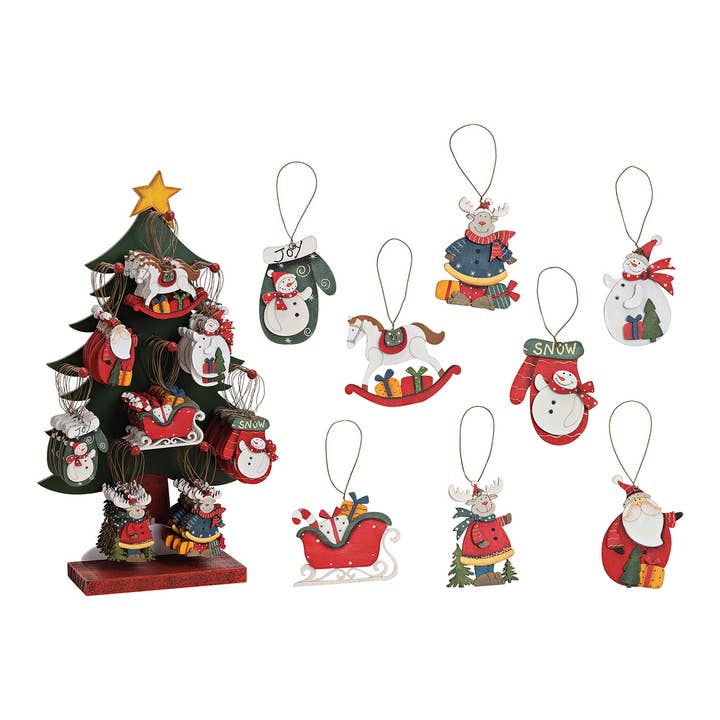 Kersthanger van hout op boomstandaard, 8-delig, kleurrijk (B/H/D) 7x8x0,5cm voor wholesale door Wurm