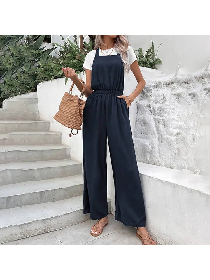 NAVY DRAWSTRING WAIST WOMEN JUMPSUIT WITH POCKETS_CWSJS0140 for wholesale on Faire