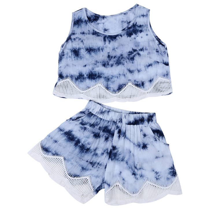 Blue Brocade Hem Top + Short Set for wholesale by Mad Style