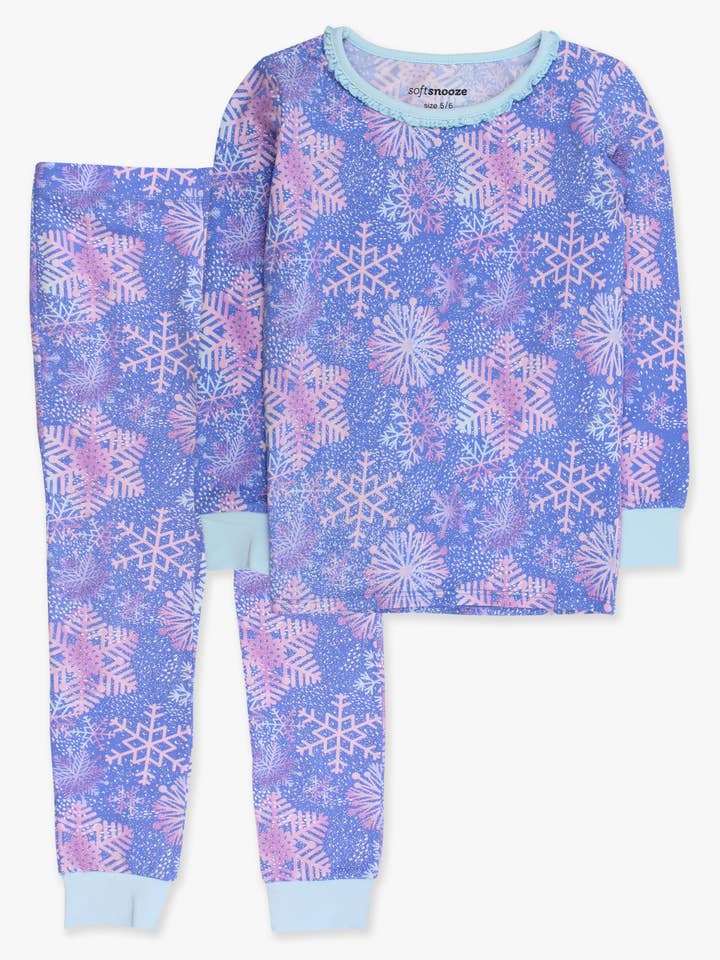 Bleu Ensemble de pyjama à manches longues avec volants et flocons de neige scintillants en coton modal pour filles SoftSnooze™ en vente sur Faire7