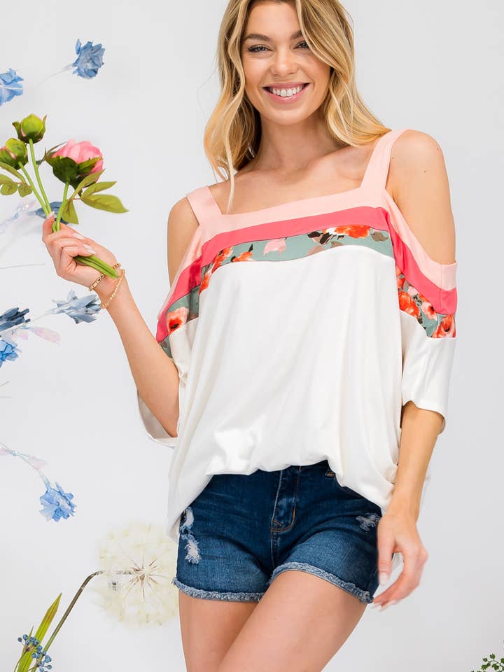 COLOR BLOCK OFF SHOULER SHORT SLEEVE -CT43763 for wholesale by Celeste Clothing
