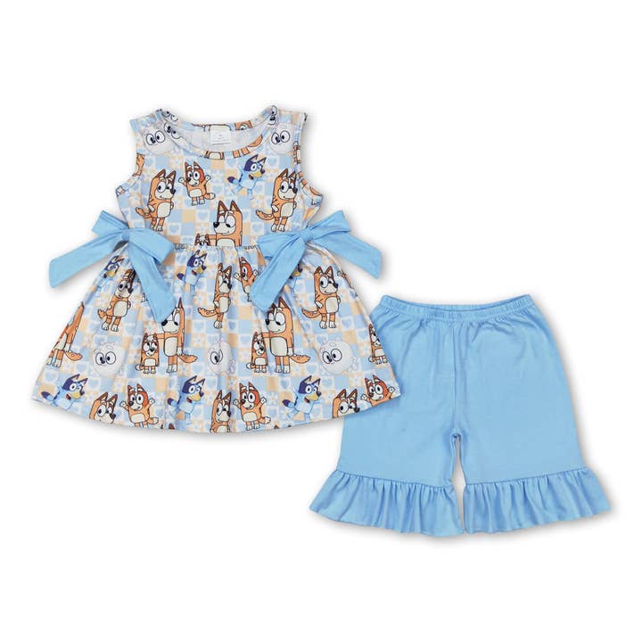 Sleeveless light blue dog plaid heart girls clothing set for wholesale by Yawoo Garments