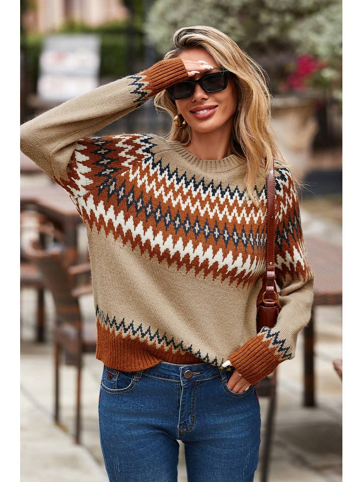 Khaki LDC Western Print Colorblock Crew Neck Sweater for wholesale on Faire1