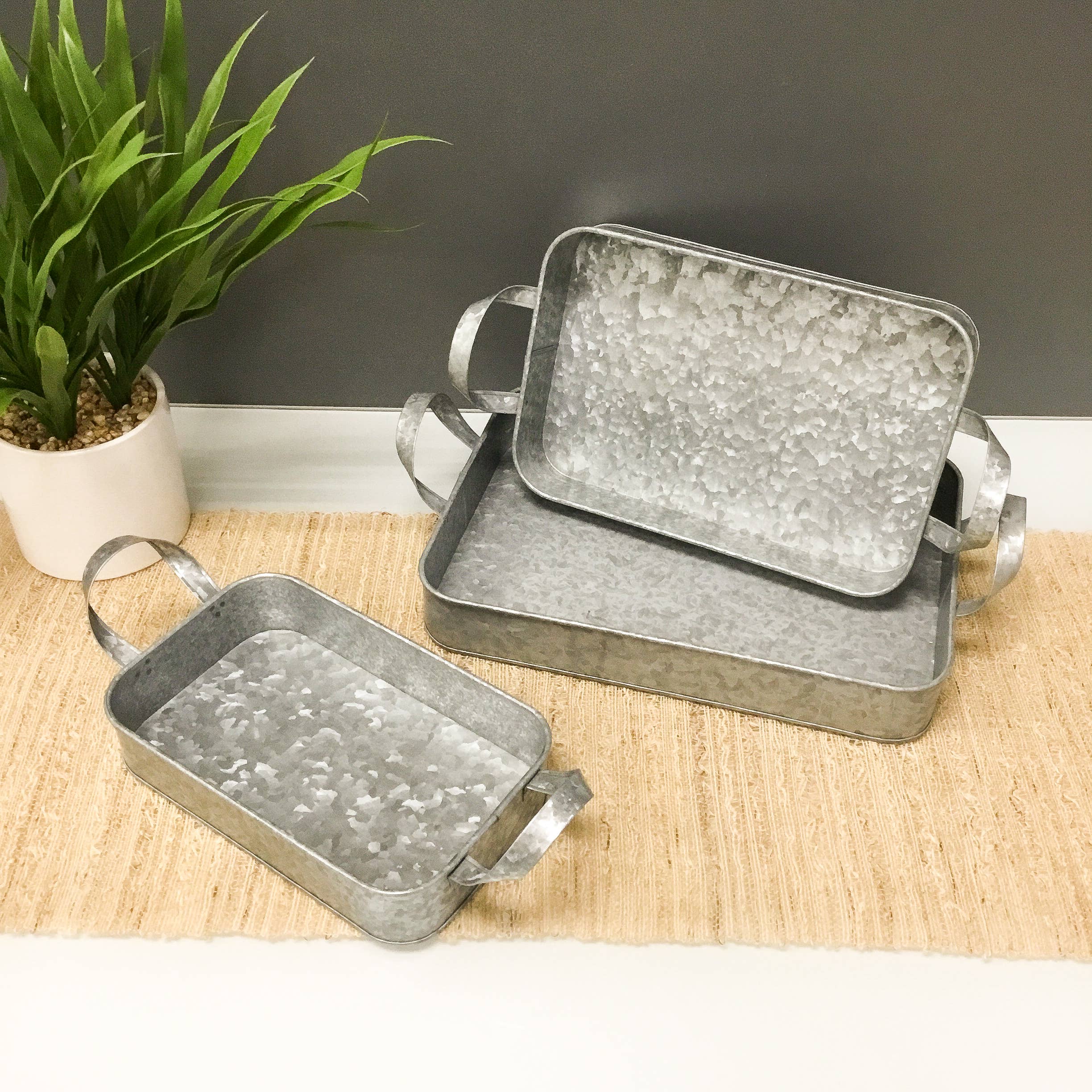 India Handicrafts Inc - Wholesale Serving Tray - Galvanized Tin Rounded Rectangle Trays w/ Handles S/33