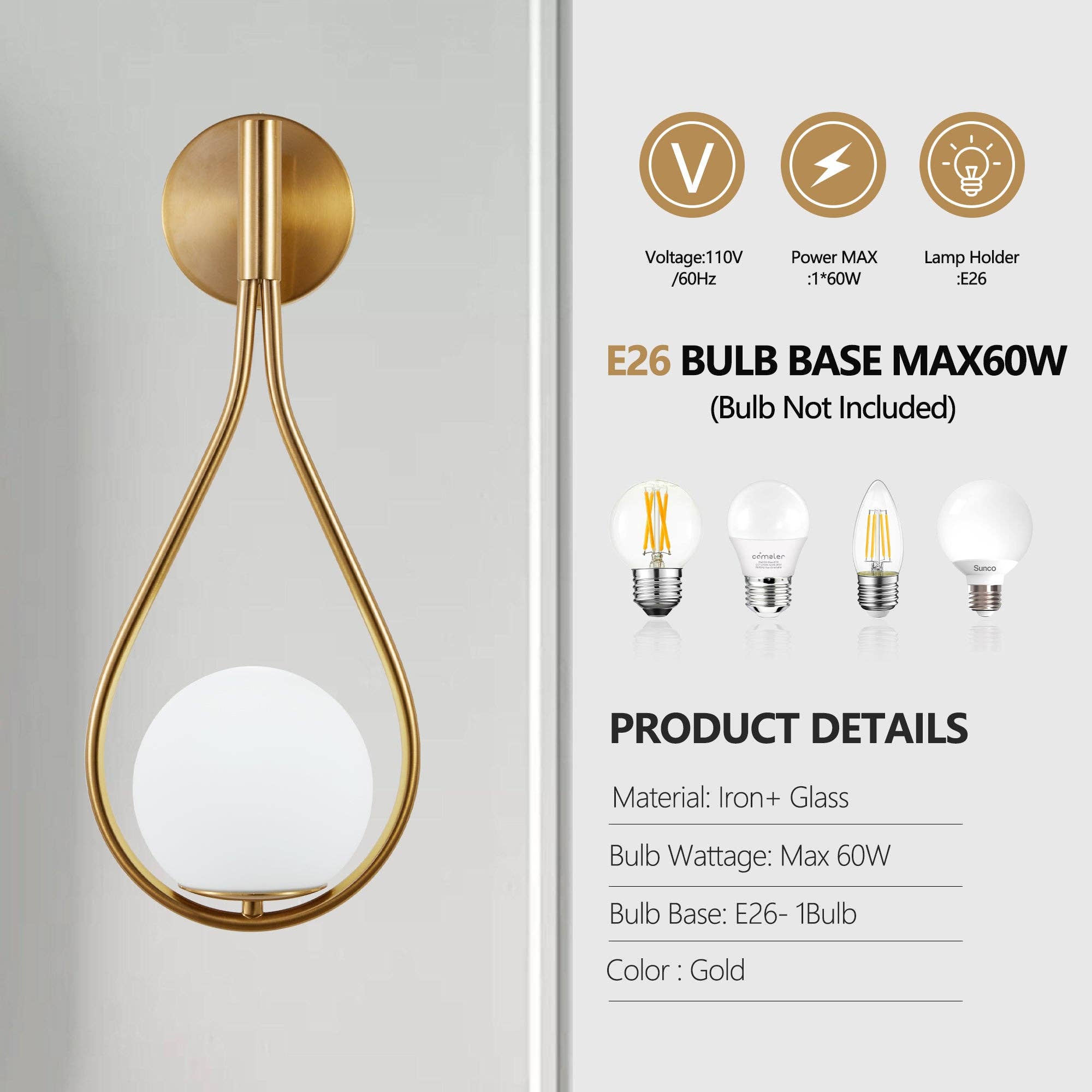 39F Inc. - Wholesale Sconce - Set of 2 Modern Golden Wall Sconces with Opal Glass Globe4
