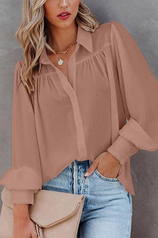 Aria Romance - Wholesale Blouse - Women's - Lantern Sleeve Pleated Collar Shirt5