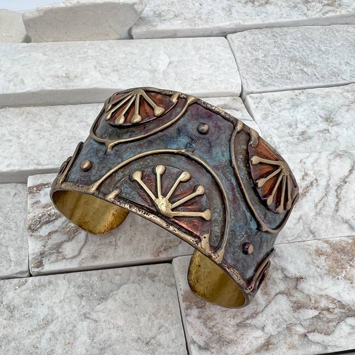 Anju Jewelry - Wholesale Cuff Bracelet - Brass Patina Cuff Bracelet - Rustic Blue Rising Sun