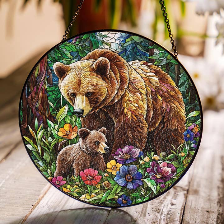 Stained Glass Bear Family Suncatcher, Bear Family Suncatcher for wholesale by TMLECOM LTD