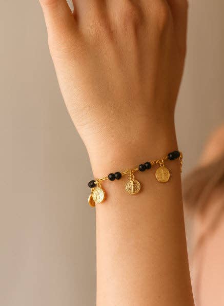 Guadalupe Gifts - Wholesale Charm/dangle bracelet - Gold-Plated Black Bead Coin St Benedict Bracelet 8"