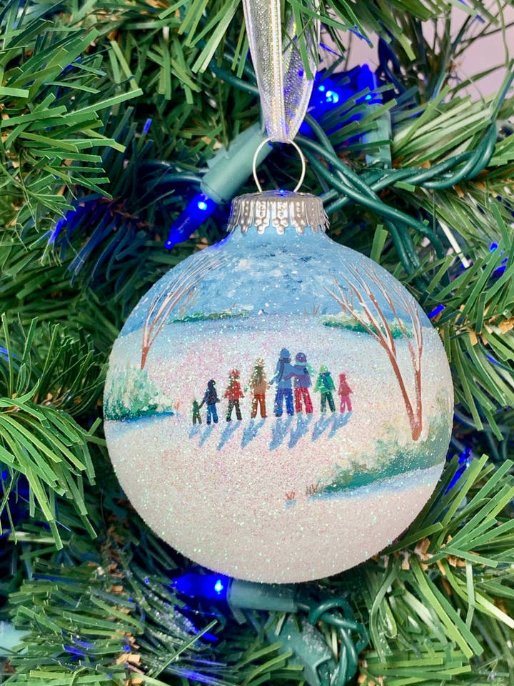 Large Family Walking in the Snow Hand Painted Ornament for wholesale by Art with Elise