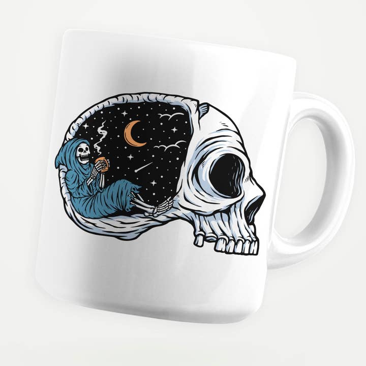 Kaffeebecher mit niedlichem Sleepy Grim Reaper Totenkopf, 11 Unzen für den Großhandel von Sticker Bull