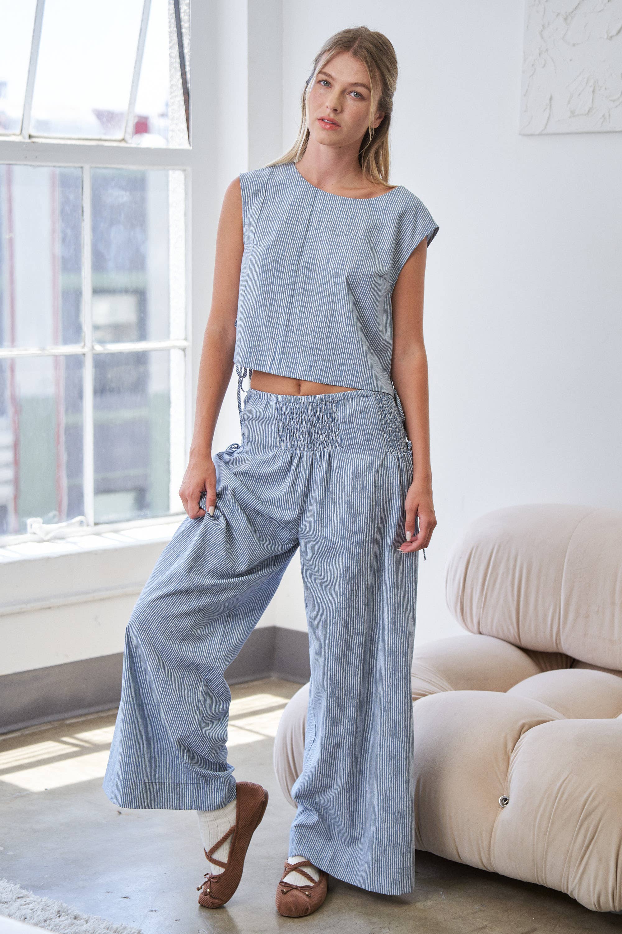 CANDESCENT - Wholesale Pants - Women's - Striped Wide Leg Smocked Pants (Matching Set)1