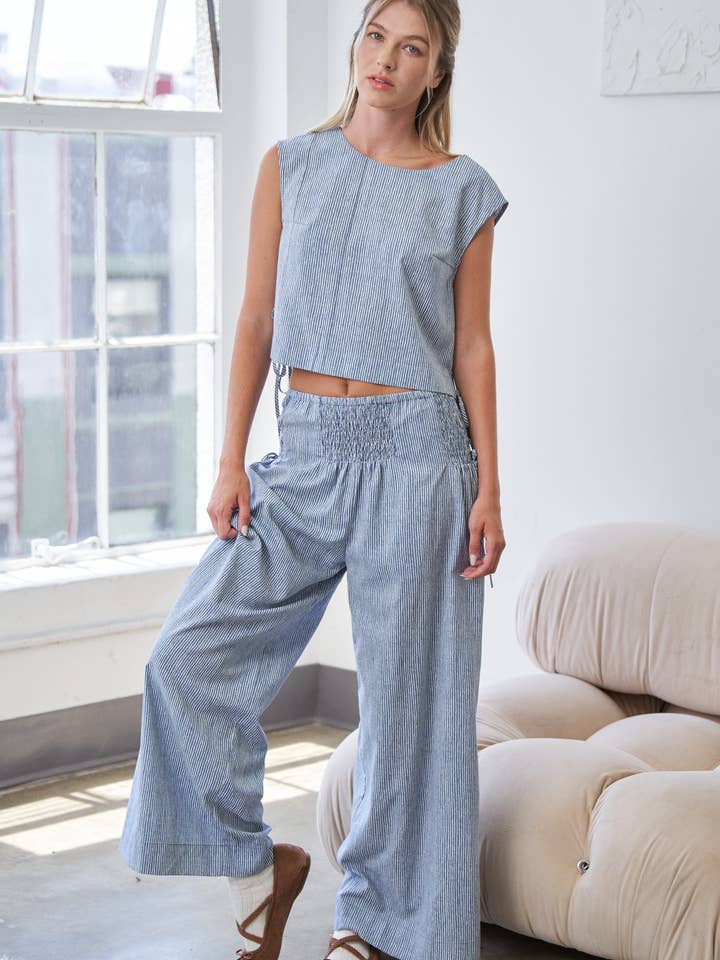 CANDESCENT - Wholesale Pants - Women's - Striped Wide Leg Smocked Pants (Matching Set)1