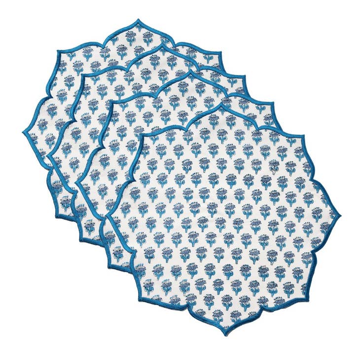 Apatite Blue Block Printed Cotton Scalloped Flower Placemat for wholesale by Cotton Print Club