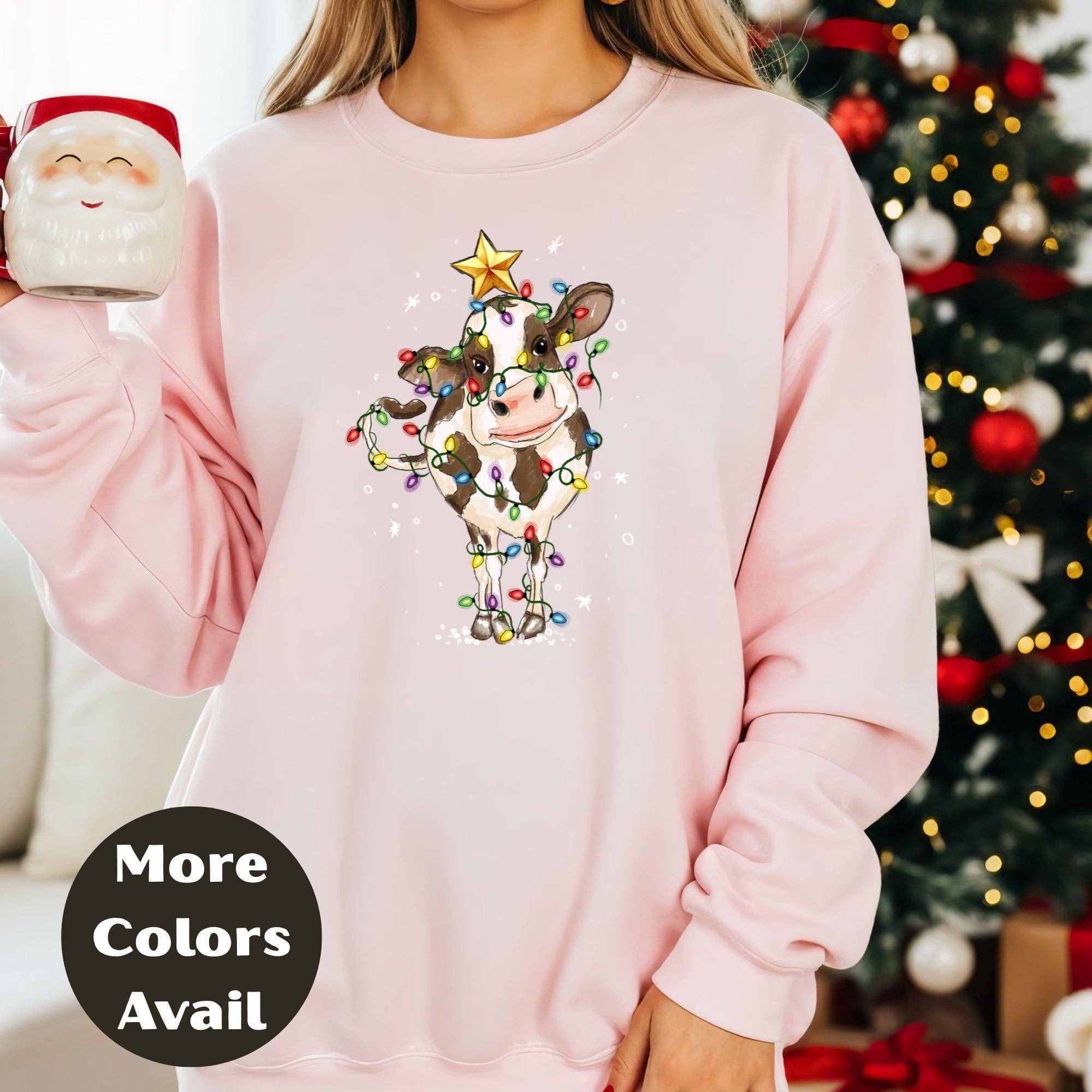 Epic Life  - Designed - Wholesale Screen Printed T-Shirt - Women's - Christmas Lights Country Cow Shirt or Sweatshirt – Cute Holiday Farm Top Small - 4XL and Plus Size – Multiple Colors2