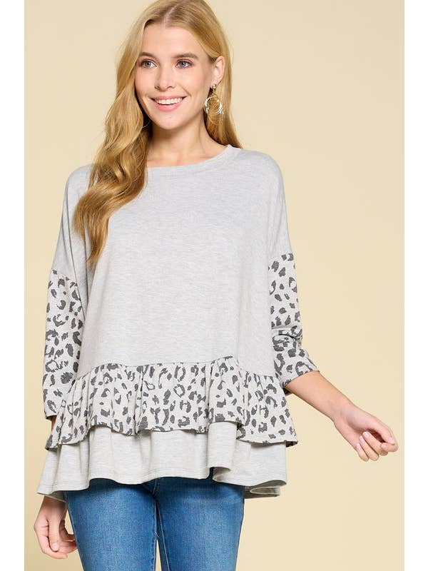 Gray ETK-8345-PL Plus Size Animal Print Contrast Ruffle Hem Top for wholesale on Faire