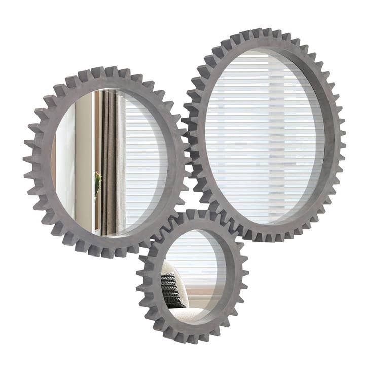 Dark Brown Vintage Wood Round Hanging Gear Shape Decorative Mirror for wholesale on Faire