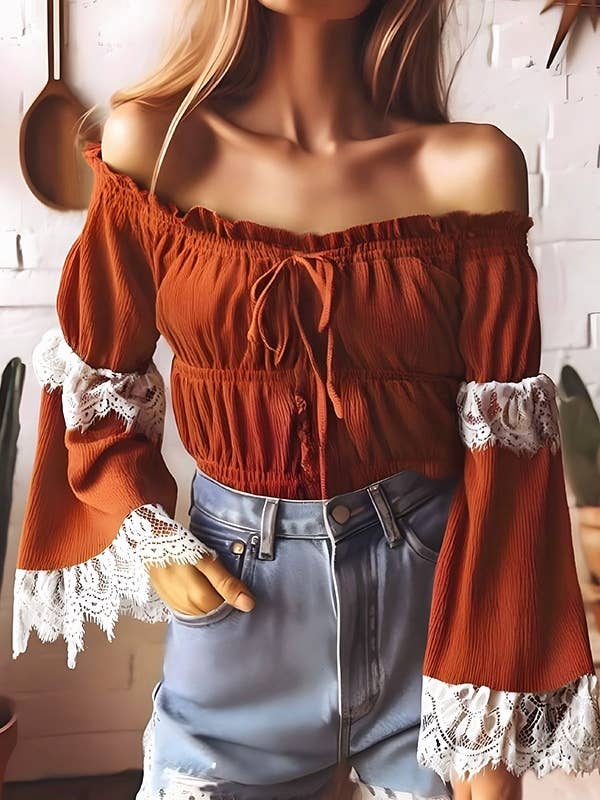Bohemian orange lace sexy ruffle long-sleeve blouse top for wholesale by HIDDENBRAND