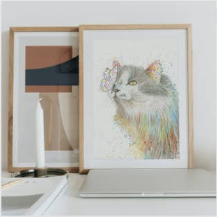 Jen Winnett Eco Artist - Wholesale Art Print - Cat with butterfly | Signed Art Print | Animal Artwork Cute1