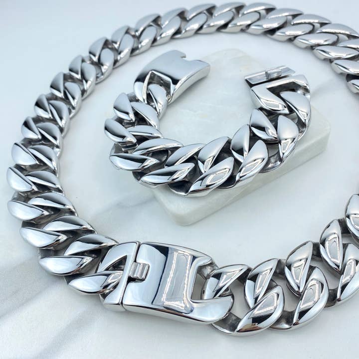 Stainless Steel 32mm Cuban Link Chain with 28 Inches, or Bracelet with 9 Inches, Curb Link Chain, Curb Chain for Men for wholesale by Luxus Accessories