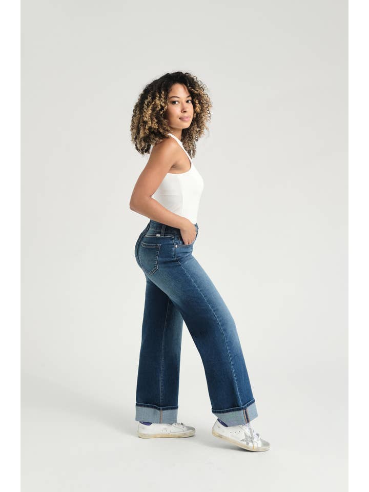1822 Denim - Wholesale Jeans - Women's - Petite 29” Slim Wide Leg Jean w/ Cuff Hem in Pacific