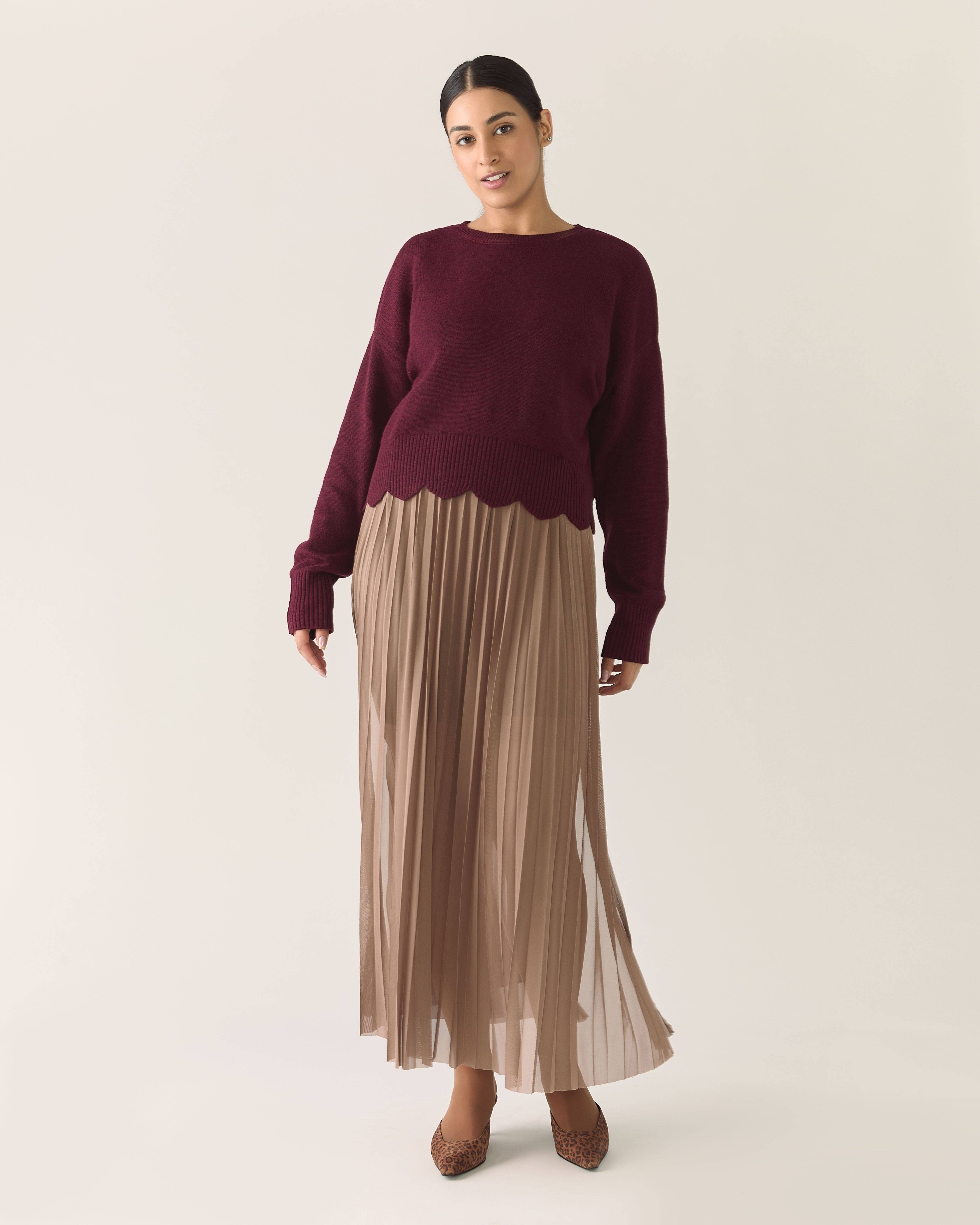 Rachel - Wholesale Knit Sweater - Women's - Scalloped Edge Pullover Responsible Merino in Zinfandel0
