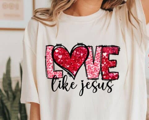 A Blessed Texas Mess Boutique - Vente Sweat-shirt à imprimés – femme - Aime comme Jésus Faux Paillettes Cœur de la Saint-Valentin1