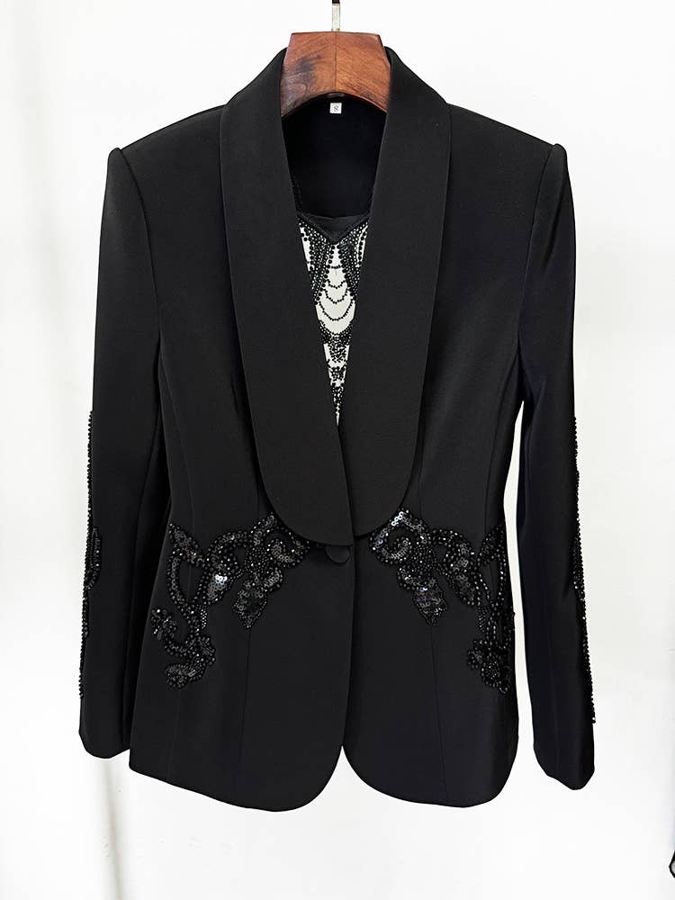 Black 4Y Mesh Stitching Beaded Suit Jacket with Chiffon Trousers for wholesale on Faire2