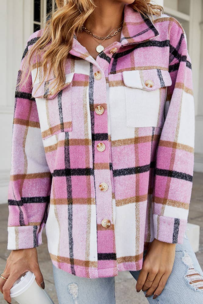 Comely Fashion – wholesale Shirt Jacket/Shacket - Women’s – Flannel Pockets Button Up Plaid Shacket CF-QXX0234