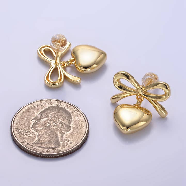 Aim Eternal - Wholesale Stud/Post Earrings - 24k Gold Filled Heart Drop Ribbon Stud Earrings | V069 V070