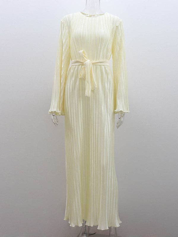 StyleGalX – Engroshandel Kjole - Dame – Blussede ærmer Lange ærmer Plisseret ensfarvet Maxikjoler med rund hals10