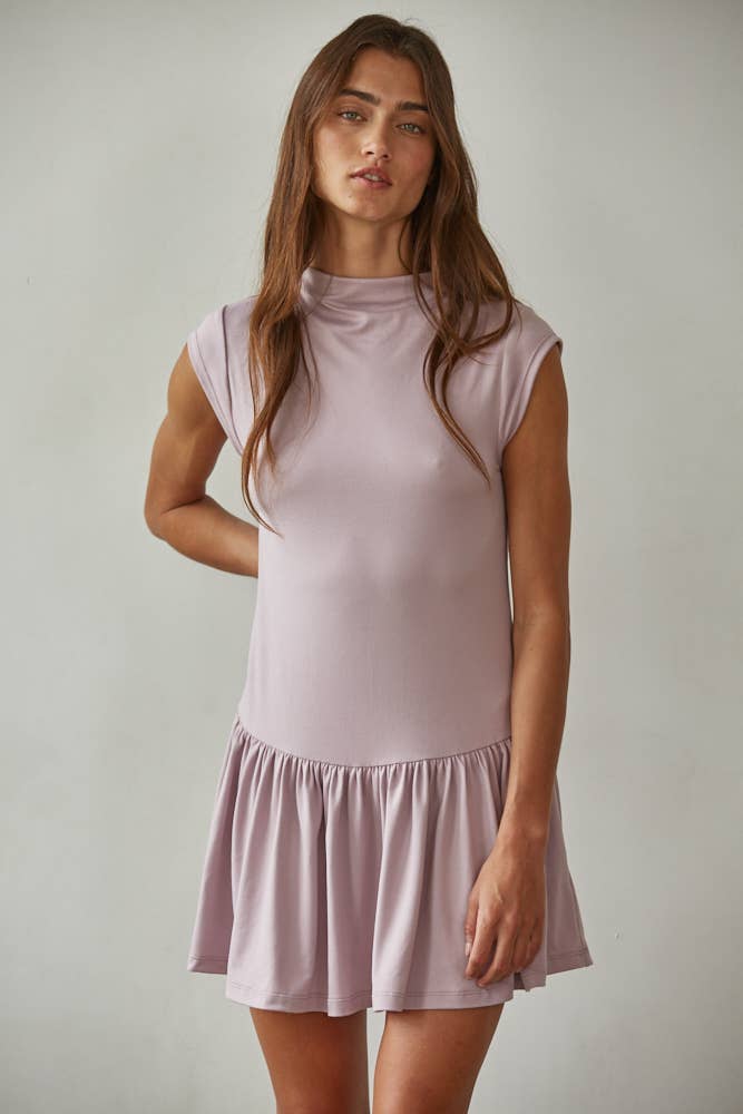 Dusty Lavender RJ3492 | Knit Mock Neck Cap Sleeve Flare Mini Dress for wholesale on Faire2
