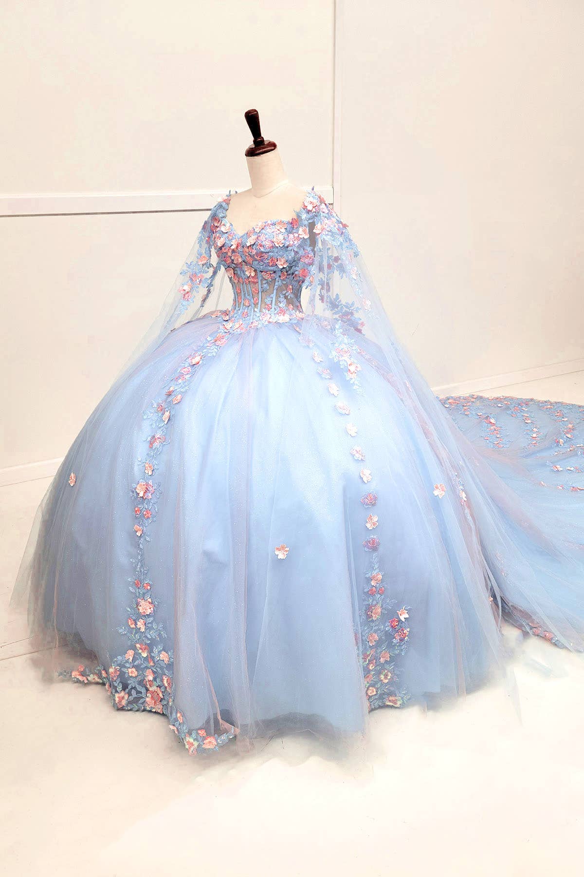 Baby Blue Quinceanera Dress With Pink Flowers and Cape CHF3117 for wholesale on Faire3