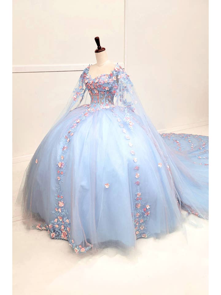 Baby Blue Quinceanera Dress With Pink Flowers and Cape CHF3117 for wholesale on Faire3