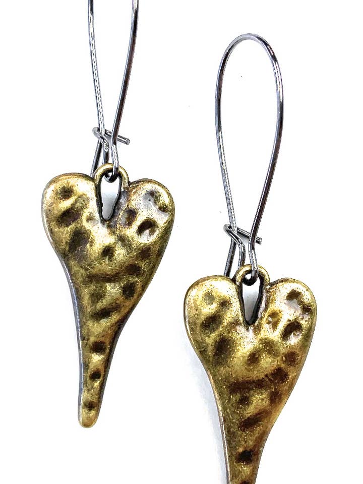 Hammered Heart Dangle Earrings Brass Ox for wholesale by Lost & Found Trading