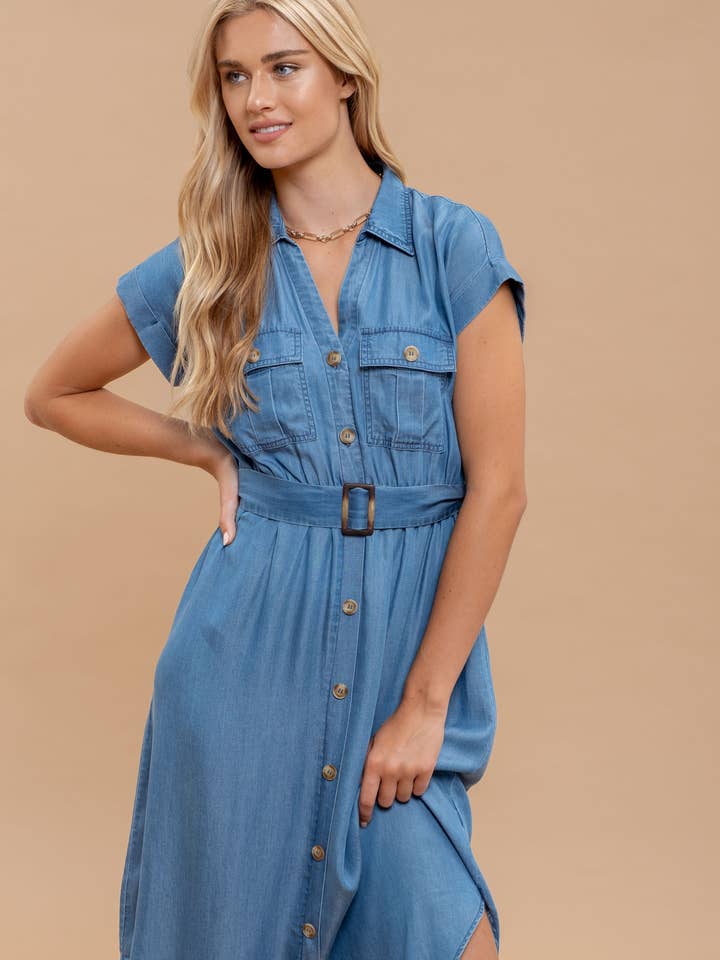 CHAMBRAY COLLARED BUTTON DOWN BELTED MIDI DRESS for wholesale on Faire